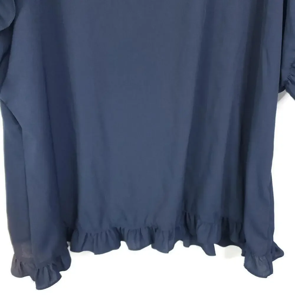 Emmaline Top Womens 3X Boutique Solid Navy Ruffle Sleeve Short Sleeve Office